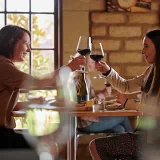 Two women sitting at a table in a restaurant, clinking wine glasses.