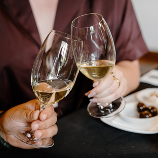 Two people holding wine glasses with a plate of food in the background
